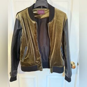 Vigoss Olive Green Velvet Bomber Jacket with Black Sleeves